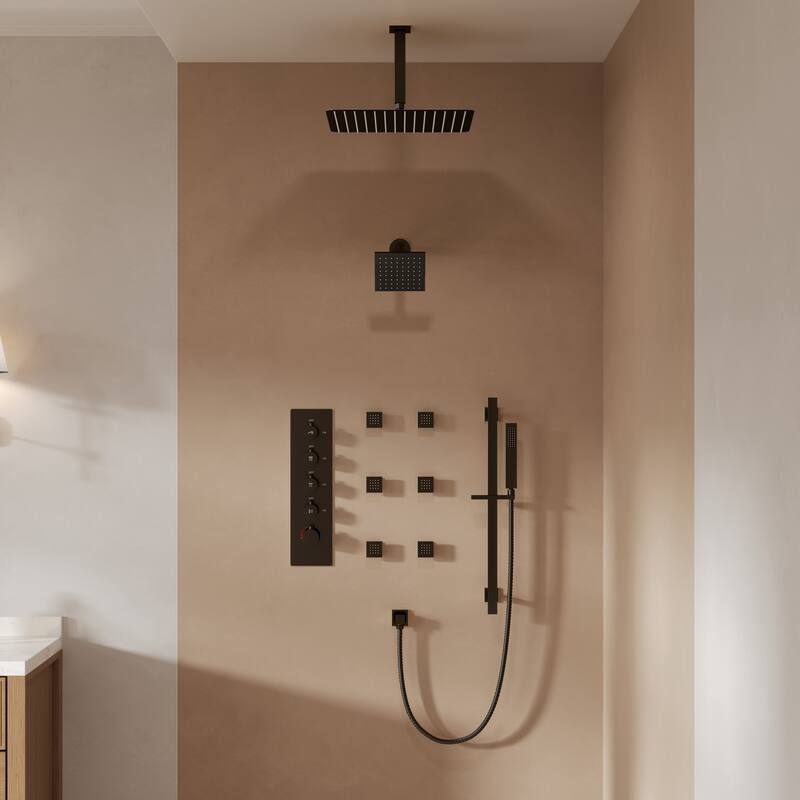 GRANDJOY Shower System 16 inch Rainfall Ceiling and 6 inch Wall Mount Dual Shower Head Handheld Spray Slide Bar Thermostatic - Matte Black