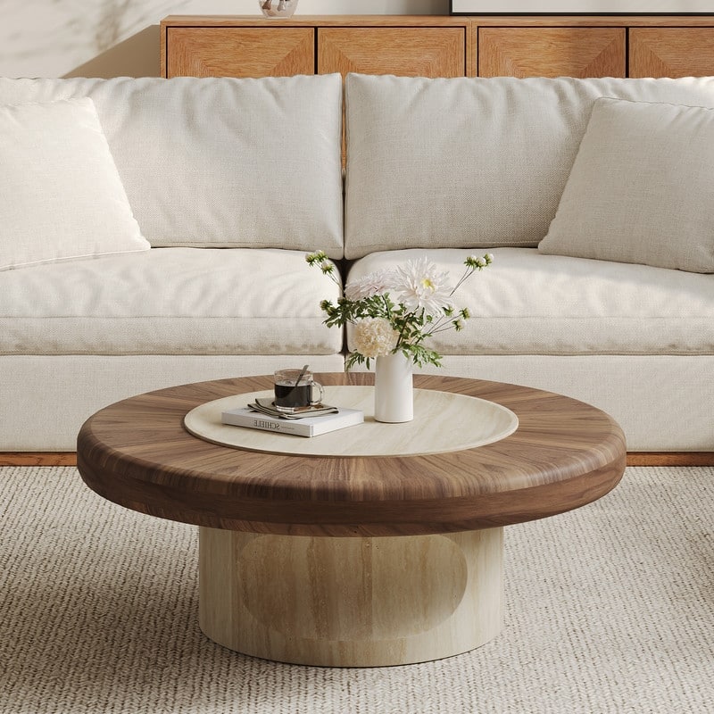 35.4" Round Dual-Wood Coffee Table, Walnut & Light Wood Mid-Century Modern Center Table for Living Room