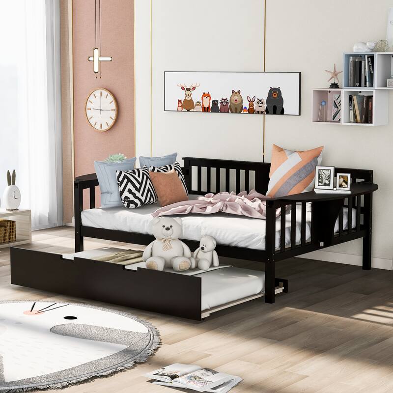 Twin/Full Size Daybed with Trundle Bed, Wooden Sofa Bed for Kids' Rooms and Guest Rooms, Sturdy Pine Wood Frame