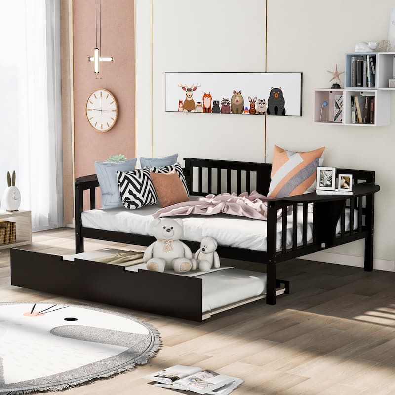 Wooden Daybed with Trundle Bed & Slatted Support, Dual-Use Sturdy Sofa Bed for Bedroom or Living Room