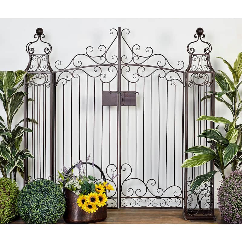 Dark Brown Metal Indoor Outdoor Scrollwork Arched Gate Garden Arbor with Pillars and Latch Lock Closure - Dark Brown