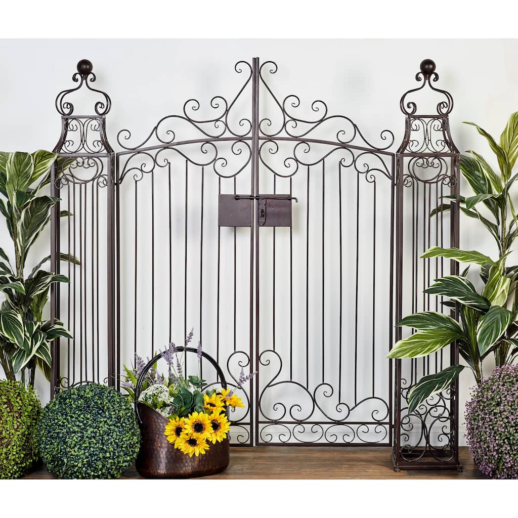 Dark Brown Metal Indoor Outdoor Scrollwork Arched Gate Garden Arbor with Pillars and Latch Lock Closure