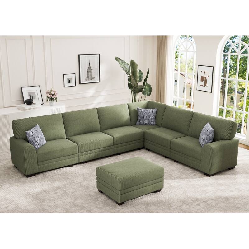7 Piece Modular Corduroy Sectional With Ottoman - Olive