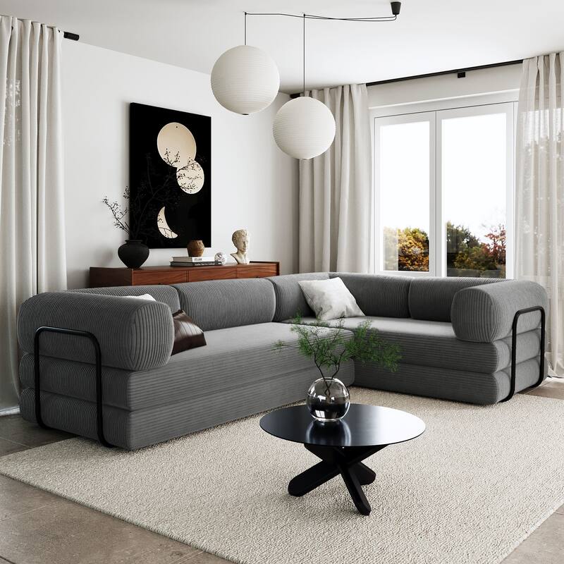 115" 4 Seat L-Shaped Modular Sofa with Convertible Sofa Bed - Gray