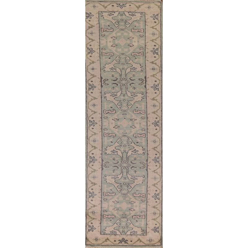 Green Oushak Oriental Runner Rug Handmade Wool Carpet - 2'6"x 10'2"