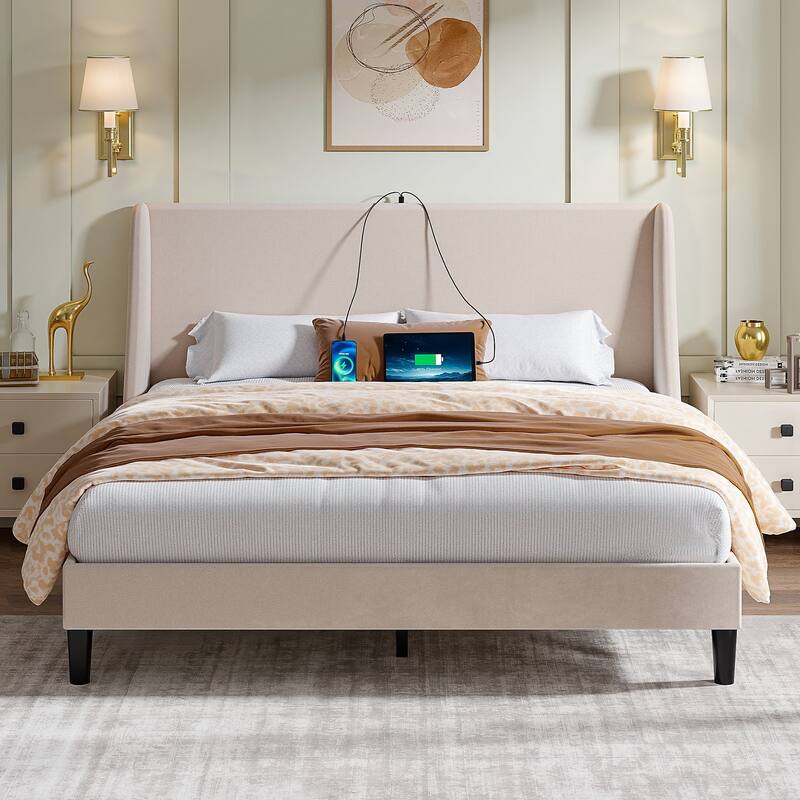 VECELO Bed Frame with Upholstered Wingback Headboard,Platform Bedframe with Charging Station & Side Pockets
