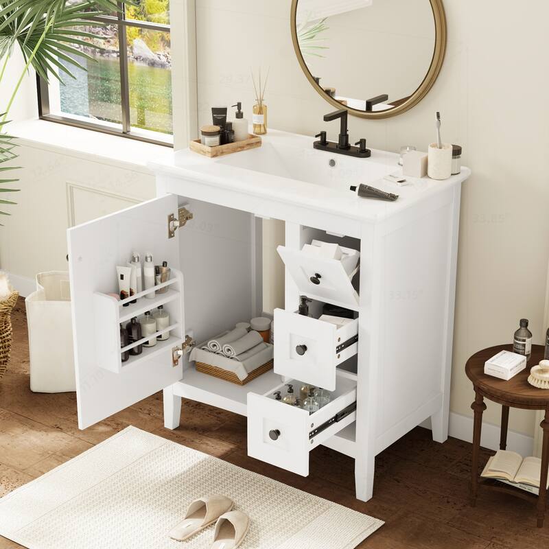 Modern Bathroom Vanity with Ceramic Sink and Multiple Storage Options