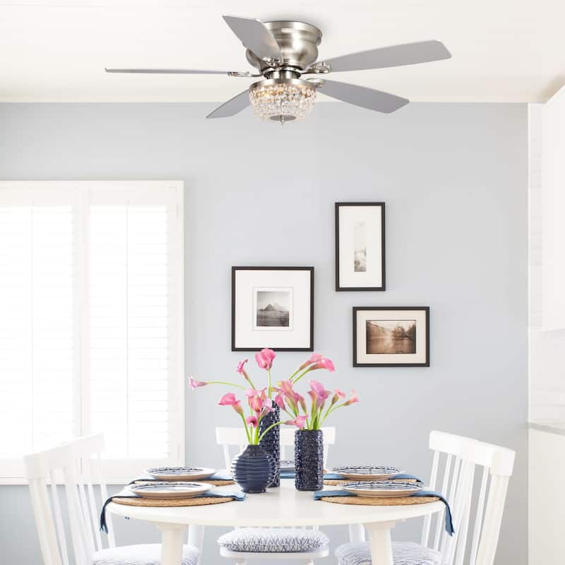48" Satin Nickel Crystal Low Profile Ceiling Fan with Light and Remote Control