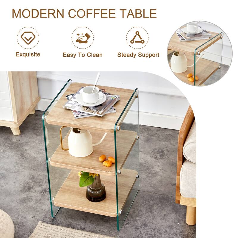 Three-tier side table and bunk coffee table set with wood stickers and clear tempered glass on both sides