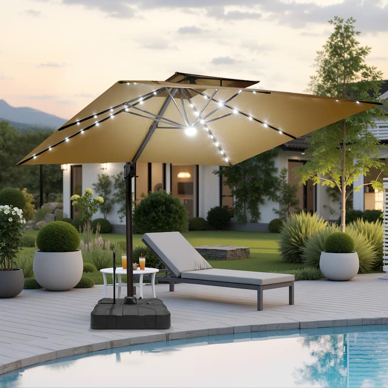 Pellebant 11 FT Square Outdoor Patio Double Top Cantilever Umbrella Solar LED Lighted with Rod Base
