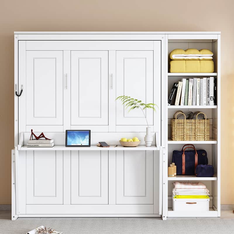 Murphy Bed with Bookshelf, Foldable Platform Bed with Desk, Storage Bed