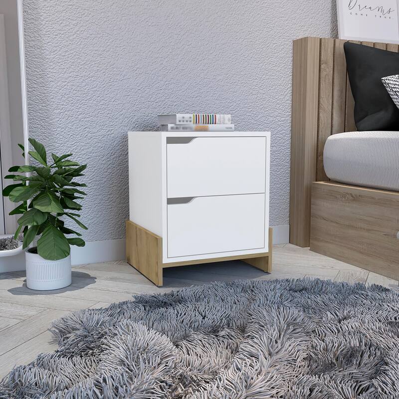 White & Macadamia Nightstand with 2 Drawers, Sturdy Base End Table - Multicolor
