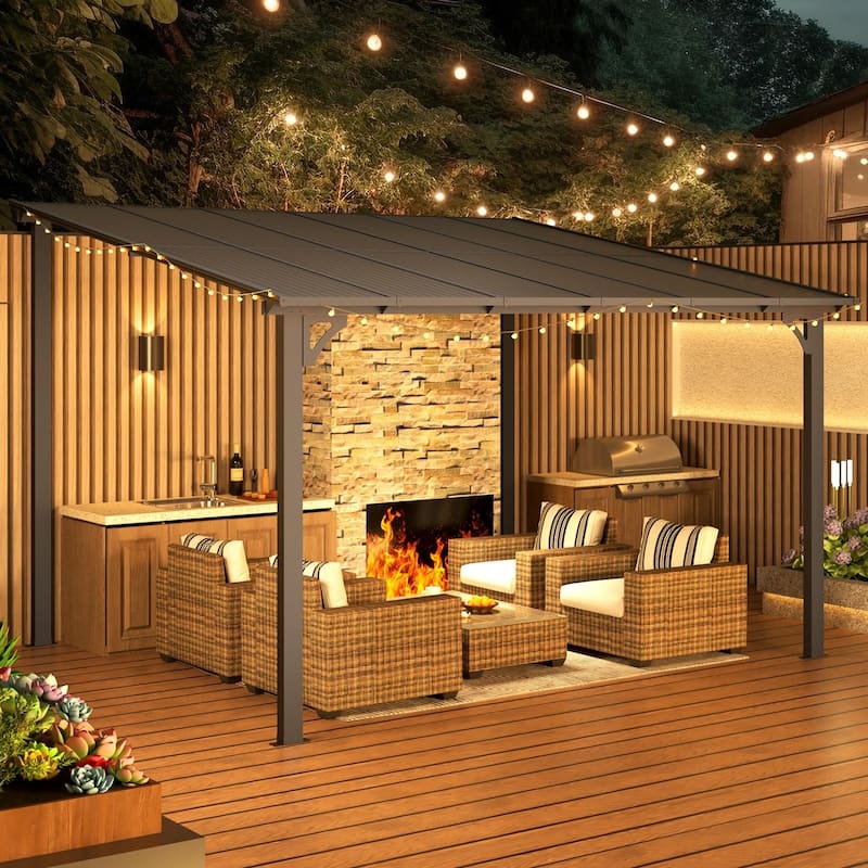 10X12Ft Outdoor Pergola Gazebo, Wall Mounted Lean to Awning Gazebo