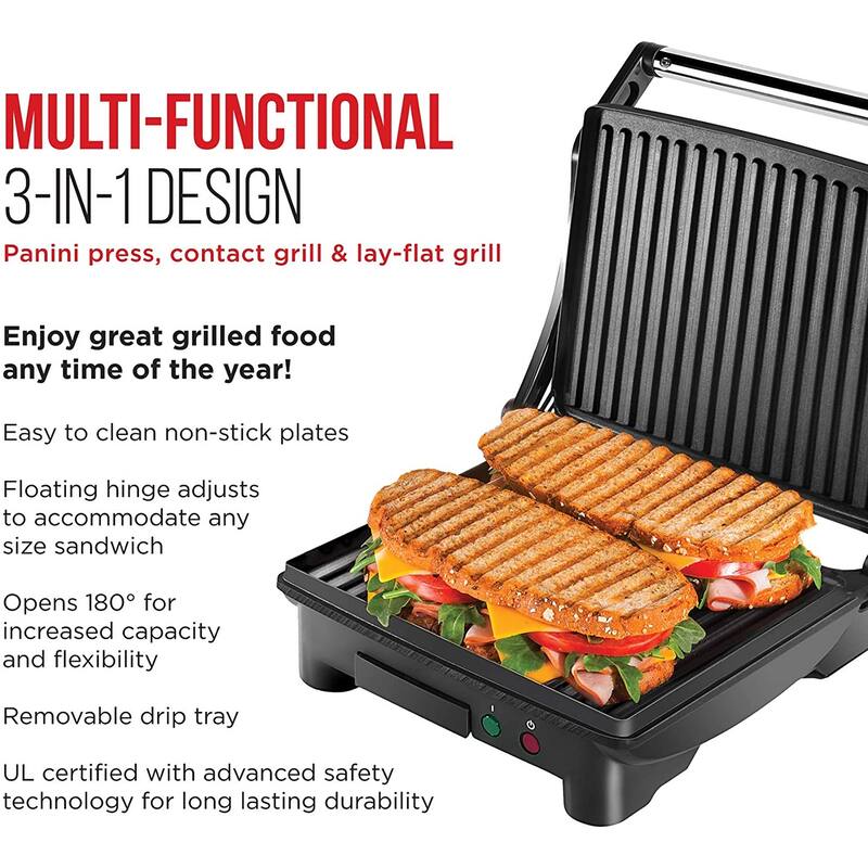 Chefman Electric Stainless Steel 180° Panini Press, Black, 4Slice On