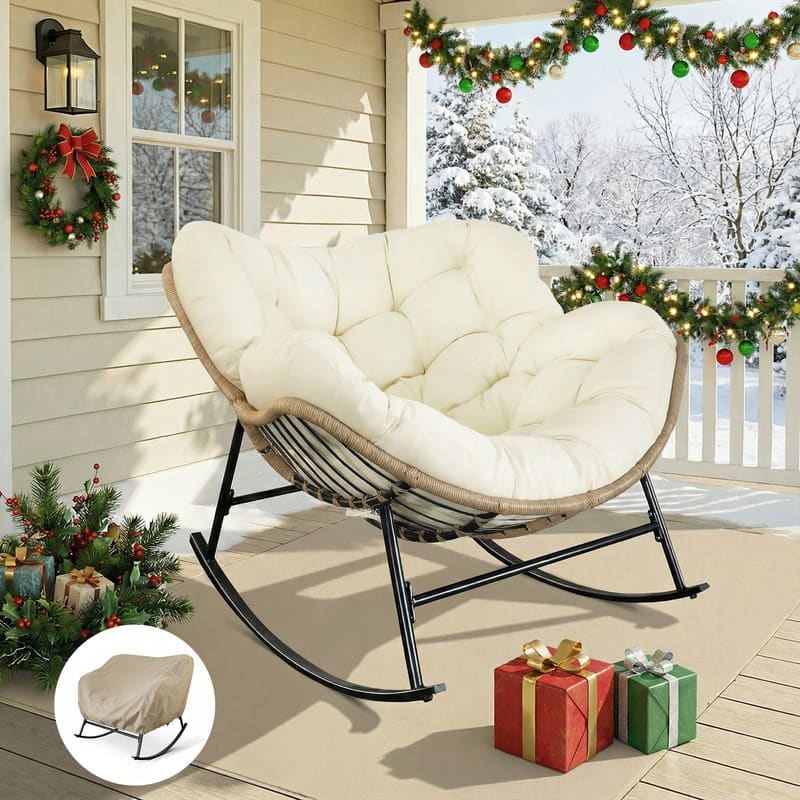 Outdoor Rocking Papasan Chair, Wide Egg Rocking Chair with Thick Padded Cushion, 450 lb Capacity Patio Relaxing Rocker - 1PC-Beige w/ Cover