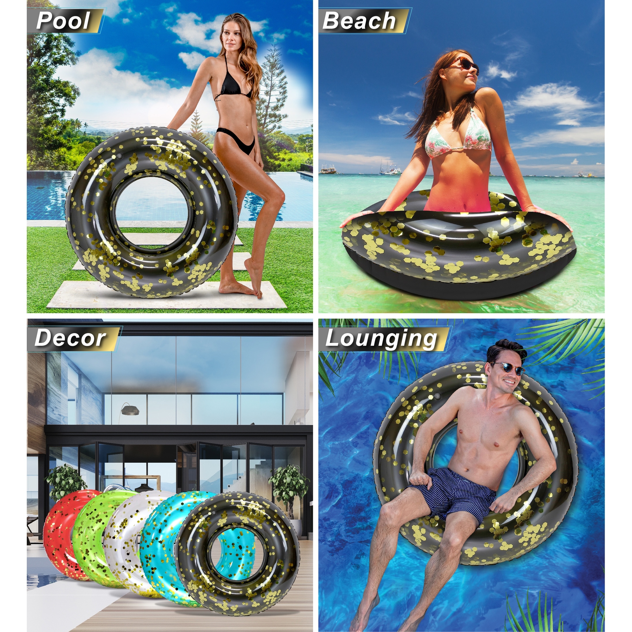 POZA Inflatable Swim Ring Pool Float Tube 36 Inch – Black Gold