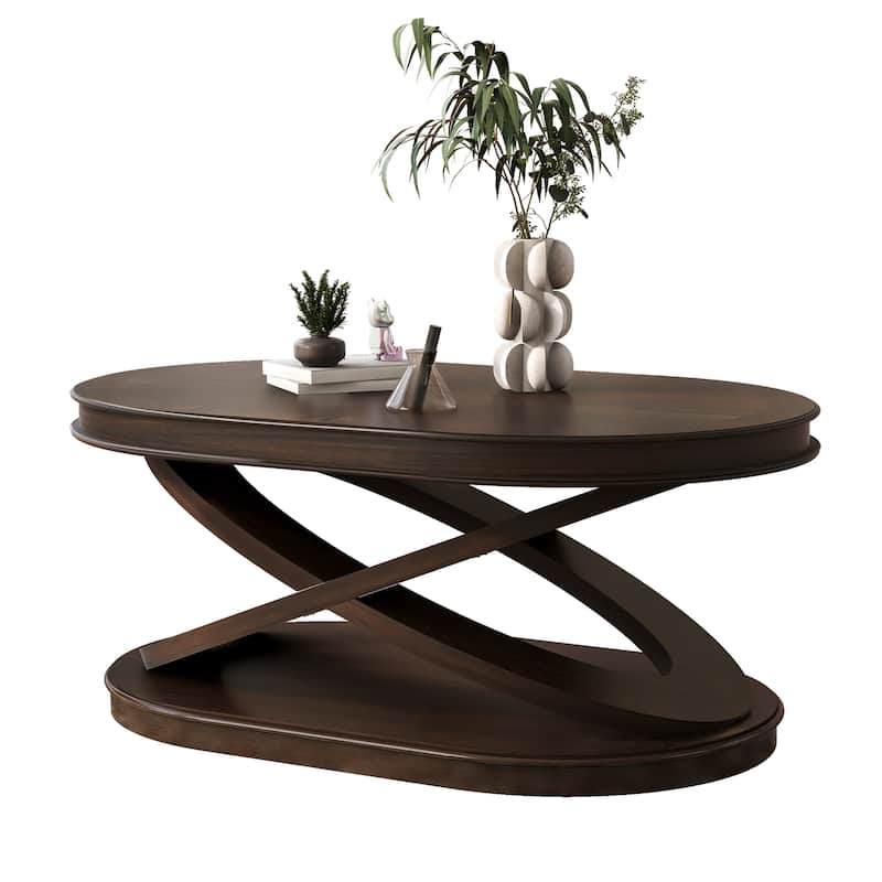 44 Inch Wood Oval Coffee Table with X-Shaped Base, Cocktail Table with Open Storage, Sofa Center Table for Living Room - Espresso