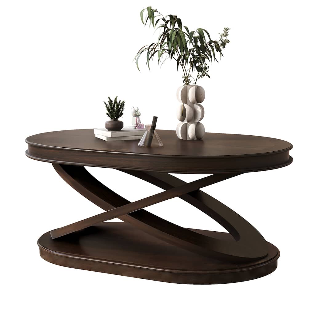 44 Inch Wood Oval Coffee Table with X-Shaped Base, Cocktail Table with Open Storage, Sofa Center Table for Living Room