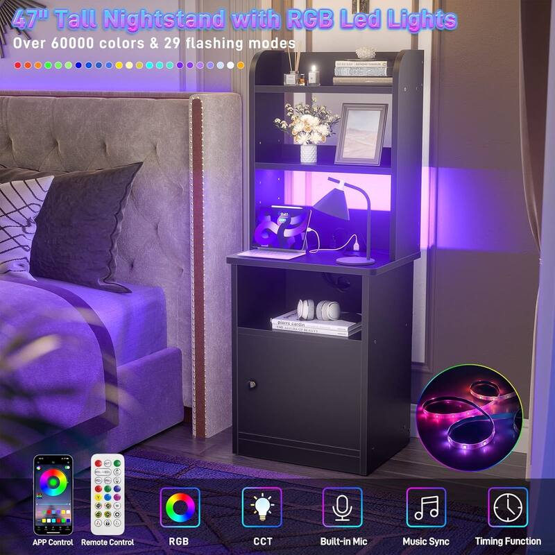 47" Nightstand with Charging Station and LED Lights,Industrial Bedside End Side Table with Adjustable Bookshelf Storage Cabinet