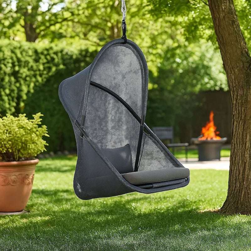 Cery Outdoor Hanging Swing Chair, Cushioned Dark Gray Mesh