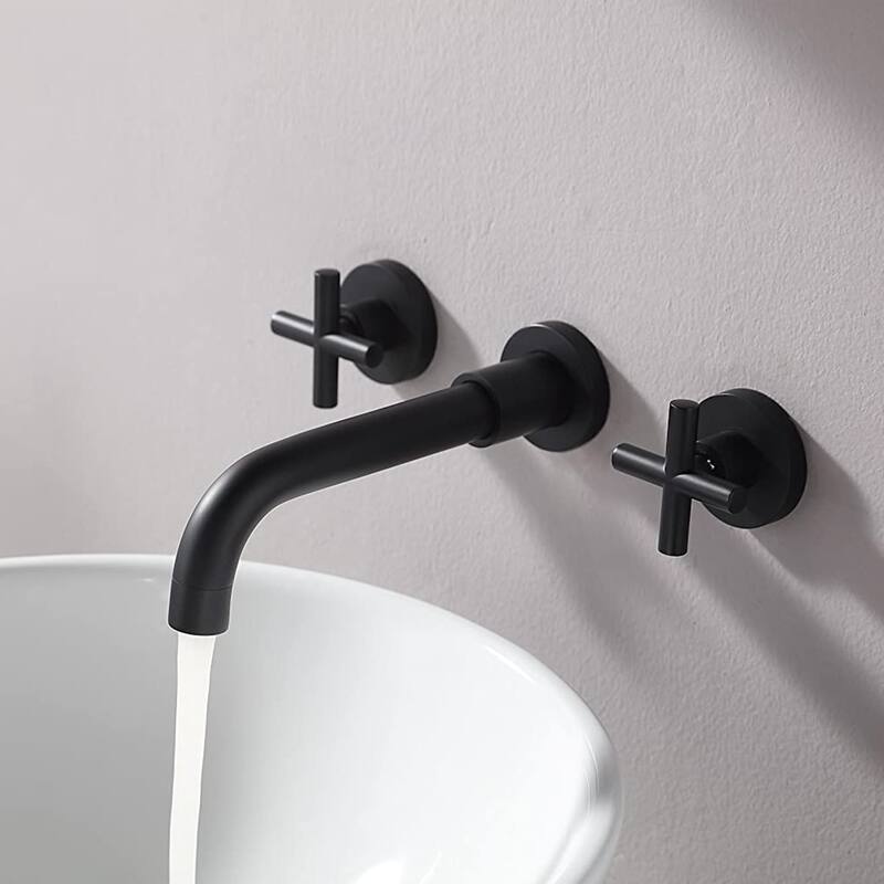 Wall Mounted Bathroom Sink Faucet Double Handle Bathroom Faucet 3 Holes Modern Lavatory Basin Vanity Tap With Valve, NO DRAIN - Matte Black