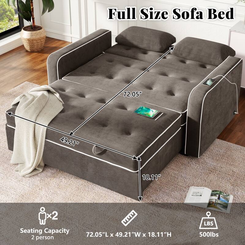 Upholstered Loveseat Pull Out Sofa Bed, Lounge Couch w2 Pillows & 2 USB Port, Adjustable Backrest Futon Sofa Tufted Couch