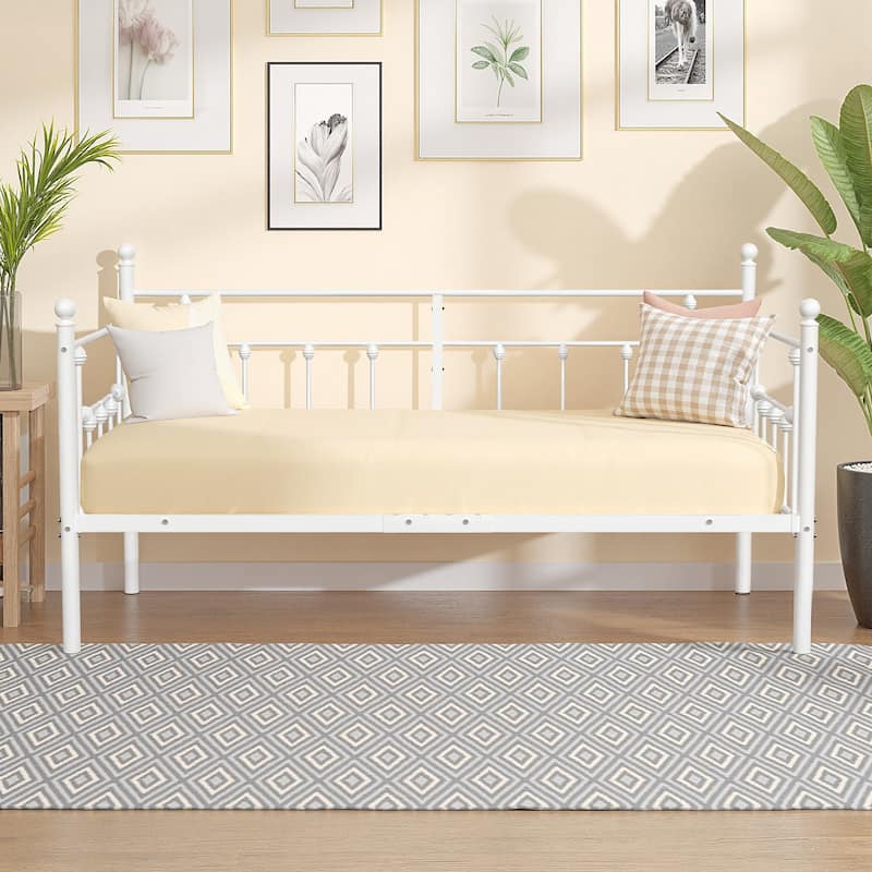 VECELO White Twin-Size Daybed with Roman Column Design Heavy-Duty Metal Frame for Kids Living Room and Guest Bed
