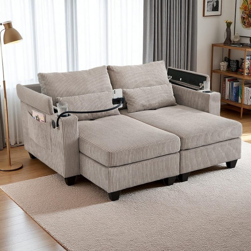 Convertible Chaise Lounge Loveseat with USB Ports, Cup Holders, Storage & Phone Mount - Brown