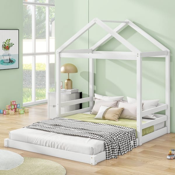 slide 2 of 16, Wooden Full Size House Kids Bed Frame with Guardrail for Fun Sleeping Space, Safety Guaranteed, Easy to Assemble, White White