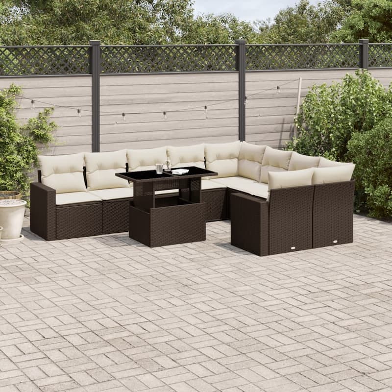 vidaXL Patio Sofa Set with Cushions Outdoor Furniture 10 Piece Poly Rattan - Brown and Cream - 21.7 x 39.4 x 28.7