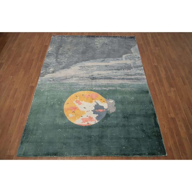 Hand Knotted Oriental Viscose Silk Carpet Modern Pictorial Multi-Colored Abstract Area Rug - 7' 8'' X 5' 7''