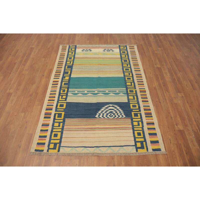 Hand Woven Oriental 100% Wool Carpet Southwestern Tribal Multi-Colored Kilim Area Rug - 5' 10'' X 4' 3''