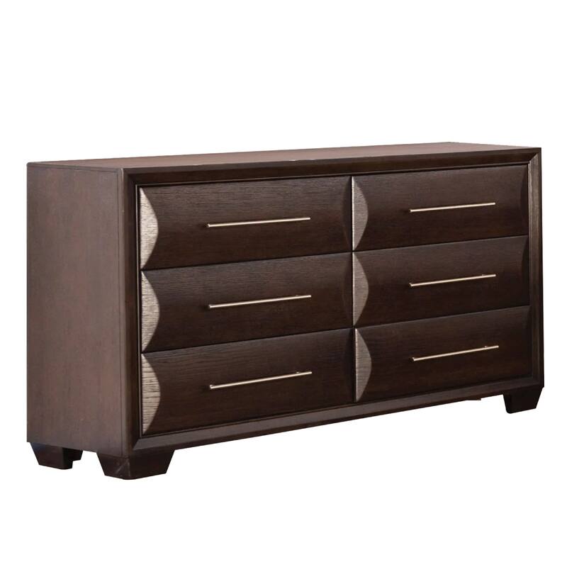 Nitz 6 Drawer Wide Dresser, Espresso Brown Solid Wood, Rose Gold Handles