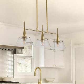 Brass Kitchen Island Pendant Light Modern Linear Chandelier with Clear Seed Glass Shades