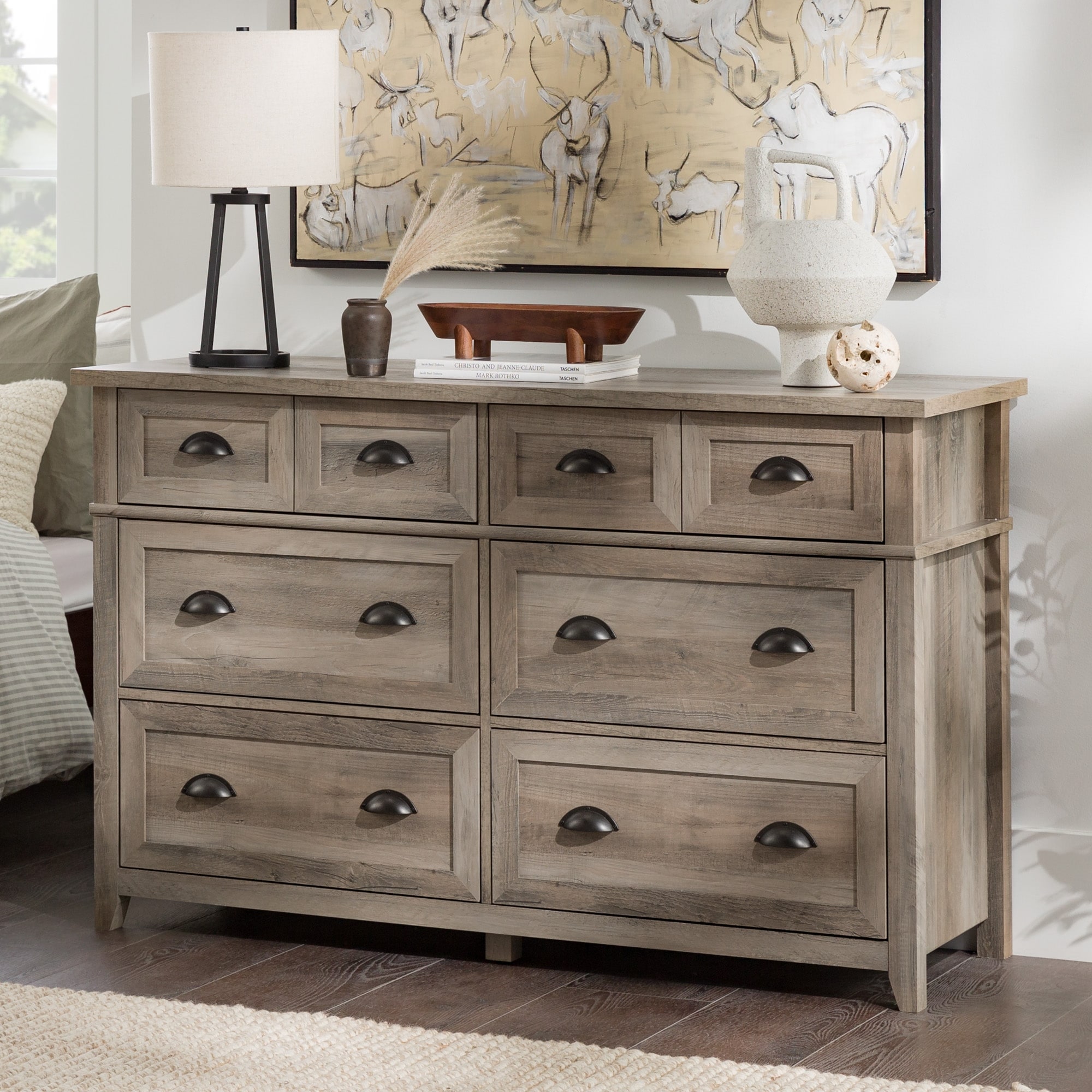 farmhouse grey dresser Walker Edison 6-Drawer shaped side accents and