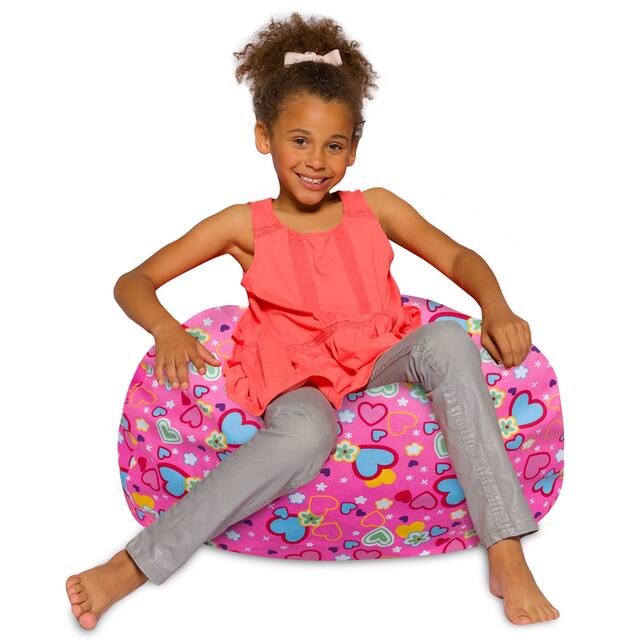 Kids Bean Bag Chair, Big Comfy Chair - Machine Washable Cover - 27 Inch Medium - Canvas Multi-colored Hearts on Pink