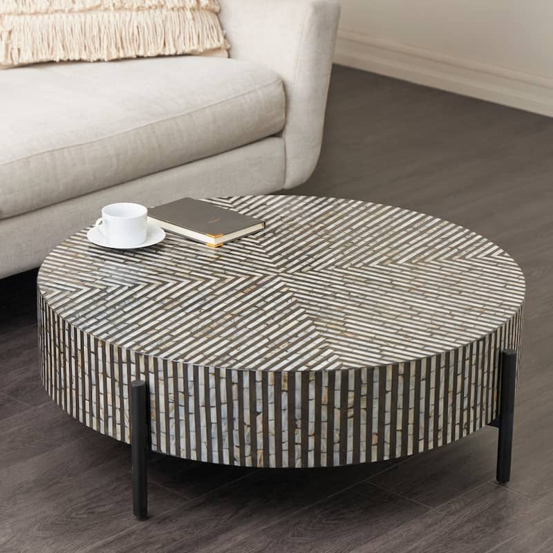 Mother of Pearl Shell Geometric Handmade Round Mosaic Inlay Coffee Table with Black Metal Legs - Roche River Decor