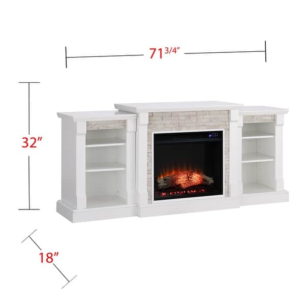 dimension image slide 2 of 2, SEI Furniture Remote Controlled LED Electric Fireplace with Mantel in White Stone and Storage