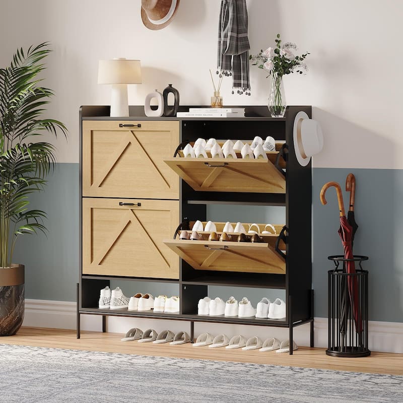 Shoe Cabinet with 4 Flip Drawer - 4 Flip Drawers - Black/Wood