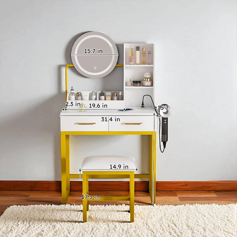 Makeup Vanity Table with Round LED Mirror 3 Color Lights, Power Outlet, 2 Drawers, Metal Legs & Chair