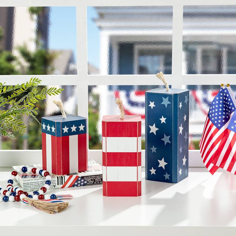 Glitzhome Set of 3 Wooden Patriotic Americana Table Signs Decor