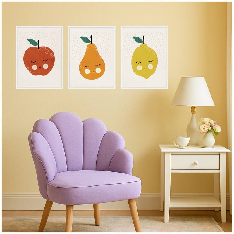 Kate and Laurel Cute Apple Lemon Pear 3 Piece Framed Canvas Wall Art Set by July Art Prints