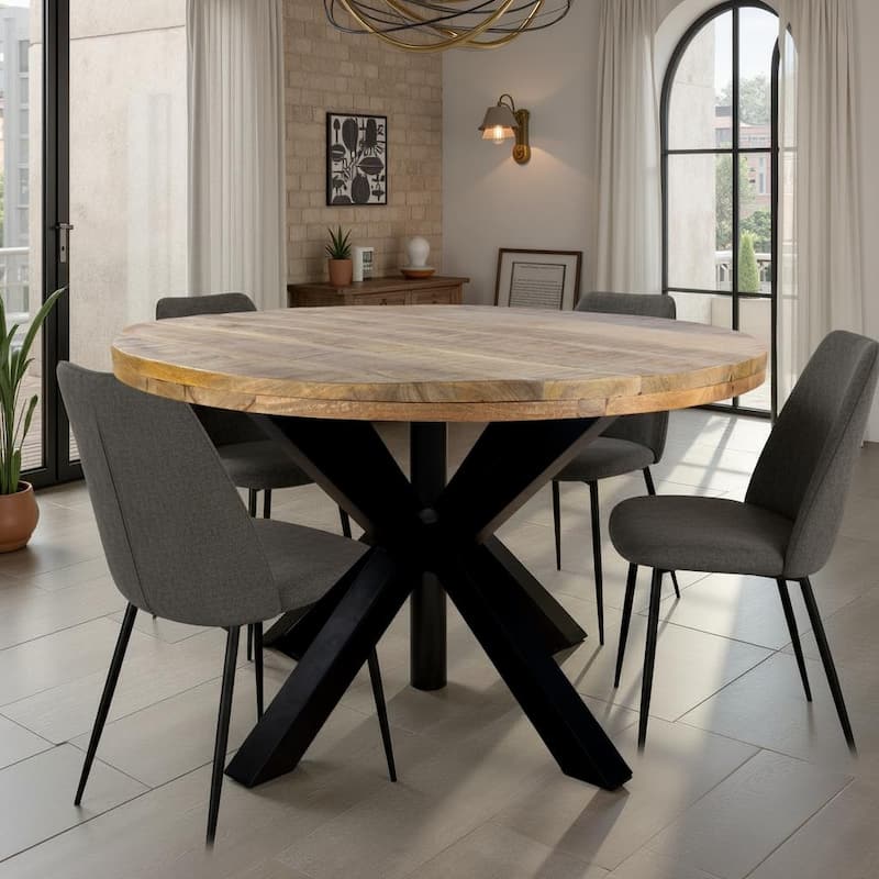 47" Diameter Industrial Round Dining Table with Solid Mango Wood Top and Black Iron Base - Brown