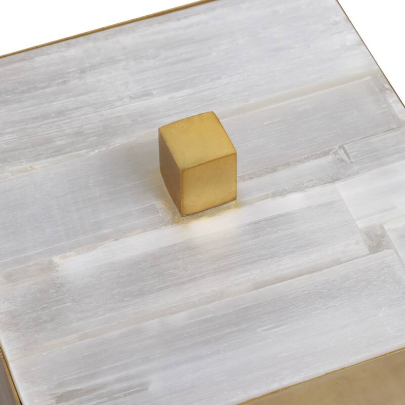 Stone Metal Decorative Box Square Selenite Stainless Steel Modern Glam - 6" x 6" x 4"