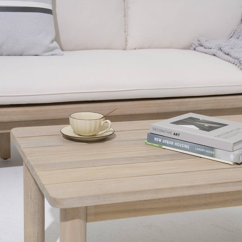 Outdoor 4-Piece Conversation Set Acacia Wood Patio 3-Seater Sofa Set Rope Weave Arm Chair with Coffee Table Weather Resistant