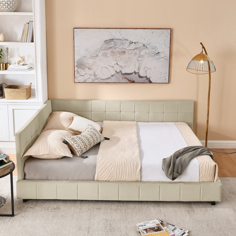 Corner Day Bed Frame, Upholstered Velvet Wooden L-Shaped Sofa Bed with Tufted Design & Wood Slats, Modern Floor Platform Bed - Beige - Queen
