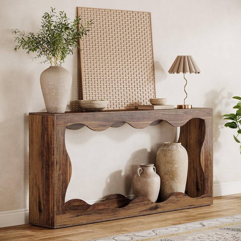 63 "Farmhouse Console Table with Storage in Brown, Couch Table Behind Sofa, Long Entryway Sofa Station, Narrow Console Stand - Light Brown