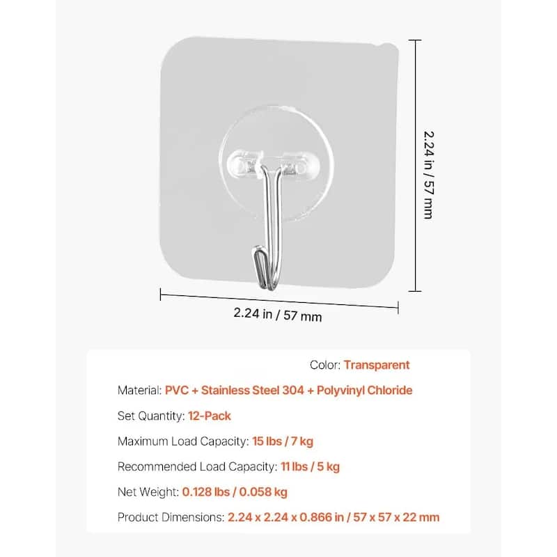 12-Pack Self-Adhesive Wall Hooks Stainless Steel with PVC Waterproof Surface for Home - 2.24 x 2.24 x 0.866 in