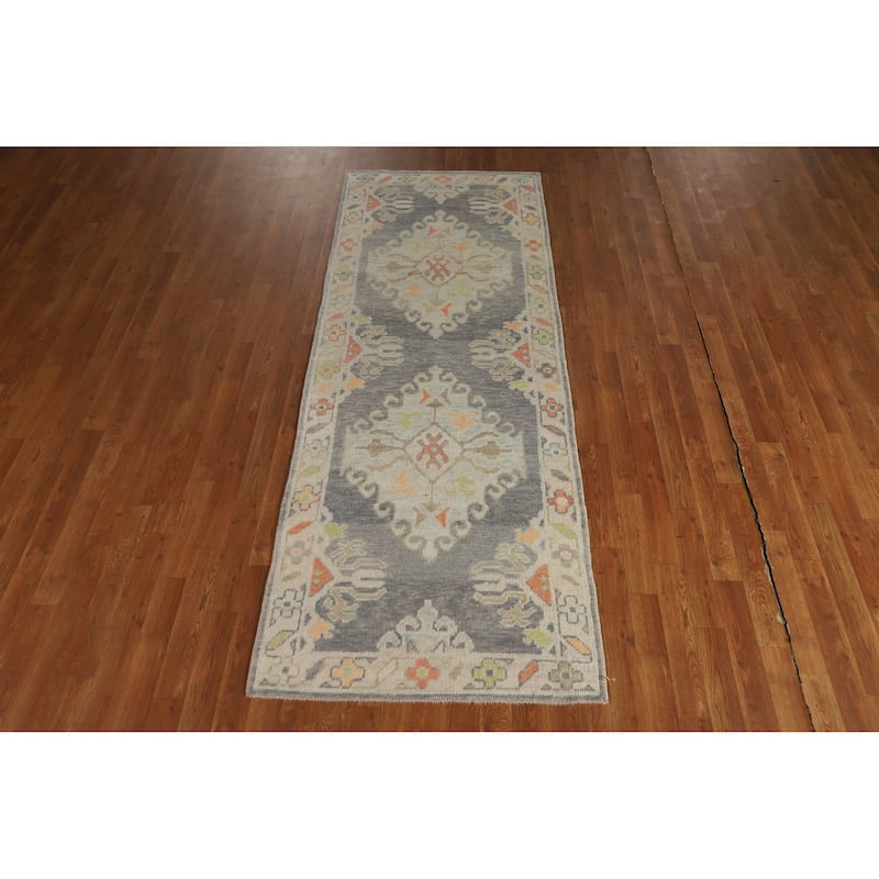 Hand Knotted Oriental 100% Wool Carpet Transitional Geometric Greys & Charcoal Oushak Runner Rug - 8' 4'' X 3' 1''