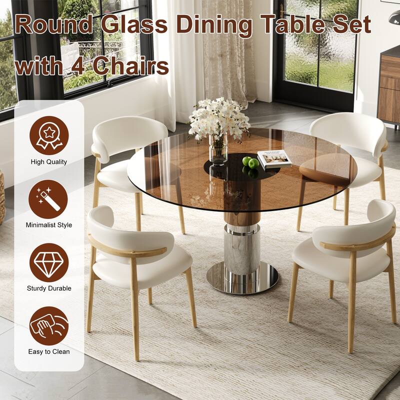 5 Piece Round Dining Table Set Tempered Glass Top Stainless Steel Base 4 Chairs
